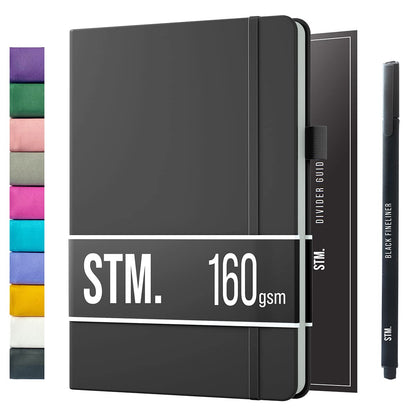 A5 Bullet Dotted Journal Notebook by STM | Thick Bleedproof 160gsm Paper, 150 Pages | Lay Flat Vegan Leather Hardcover | 2 Bookmarks, Printed Page numbers | Black Pen | 5.75 x 8.5 in | Charcoal