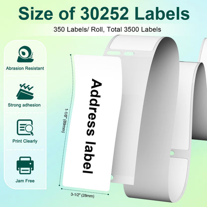 Compatible with Dymo 30252 Address Labels 1-1/8 x 3-1/2 Barcode Labels Work with 450, 450 Turbo, 4XL, 400, Rollo Label Printers (10 Rolls /3500 Labels)