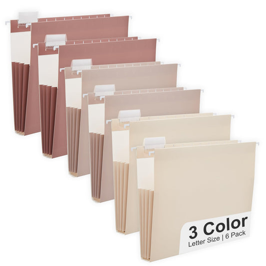 Y YOMA 6 Pack Extra Capacity Hanging File Folders Letter Size Accordion Decorative Reinforced File Folder Cute Colored Expandable Folder for Office Home with 1/5-Cut Adjustable Tabs, Mocha Color