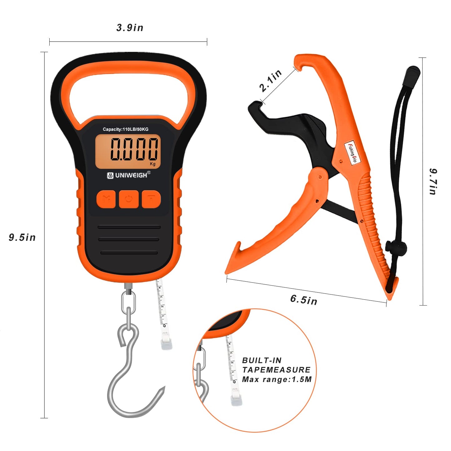 UNIWEIGH Digital Fish Scale Luggage Scale with Fish Lip Gripper, Backlight LCD Display 110lb/50kg Electronic Balance Digital Fishing Postal Hanging Hook Luggage Scale 2 AAA Batteries Included