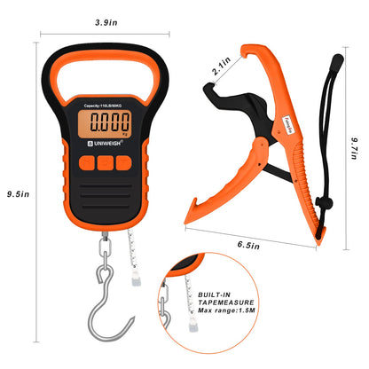 UNIWEIGH Digital Fish Scale Luggage Scale with Fish Lip Gripper, Backlight LCD Display 110lb/50kg Electronic Balance Digital Fishing Postal Hanging Hook Luggage Scale 2 AAA Batteries Included