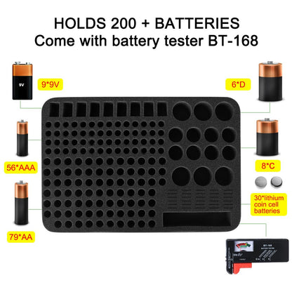 Battery Organizer Storage Box Battery Vault Case Battery Hard Fireproof Waterproof Explosionproof Holder Box with Tester BT-168 Checker Carrying Case Container Bag Fit for 200+ Batteries AA AAA C D 9V