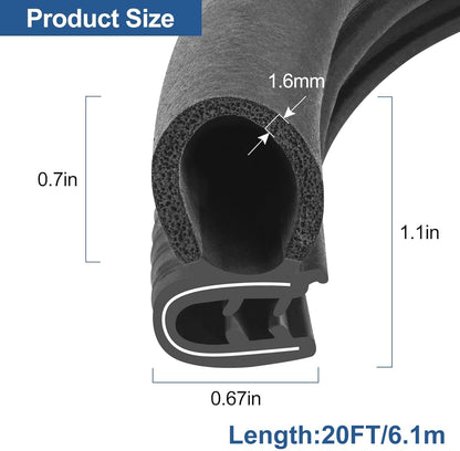 Automotive Door Weather Stripping 20Ft/6.1m Car Door Rubber Edge Trim Seal Strip Gasket with Side Bulb for Car Bus Camper Boat RV Truck Doors