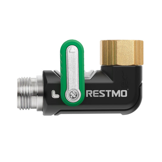 RESTMO 90 Degree Water Hose Elbow, Heavy Duty Full Metal Angle Connector, Full Flow Design with Extra-Wide Ports Diameter & Extended Easy-Turn Lever for RV, Outdoor Garden Hose, Faucet, Spigot - Green