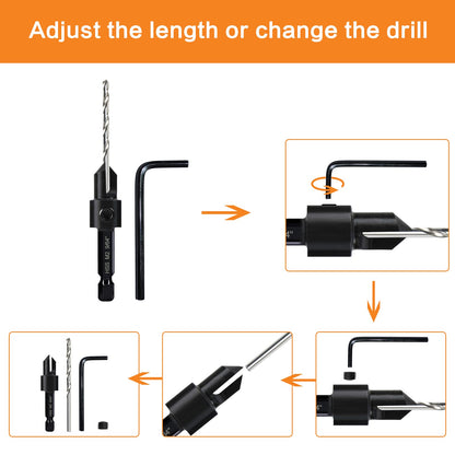 5-pc Woodworking Countersink Counterbore Drill Bit Set 3in1 for #6 8 10 12 16 Screws, M2 Pilot Drill Bits Adjustable Depth, 82-Degree Chamfer with Stop, 1/4” Hex Shank, Includes 2 Allen Wrenches