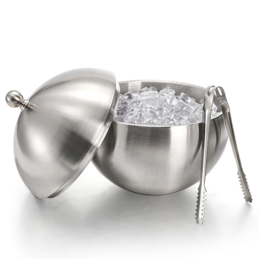 Yesland Ice Bucket with Lid, Double Insulation Ice Box Container Storage Box, 2 L Stainless Steel Ice Bucket Container with Ice Tong Scooper, Spherical Wine Champagne Barrel for Home Party Bar
