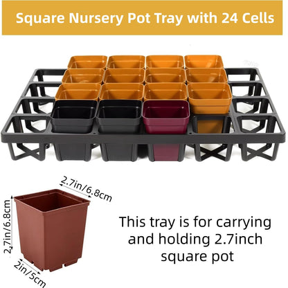 10 Pack Square Nursery Pot Tray with 24 Cells, Plant Trays for Pots, Plastic Planting Trays, Flower Pot Moving Tray for Carrying Small Plant Pots (17" x 11" x 2", 240 Cells in Total)