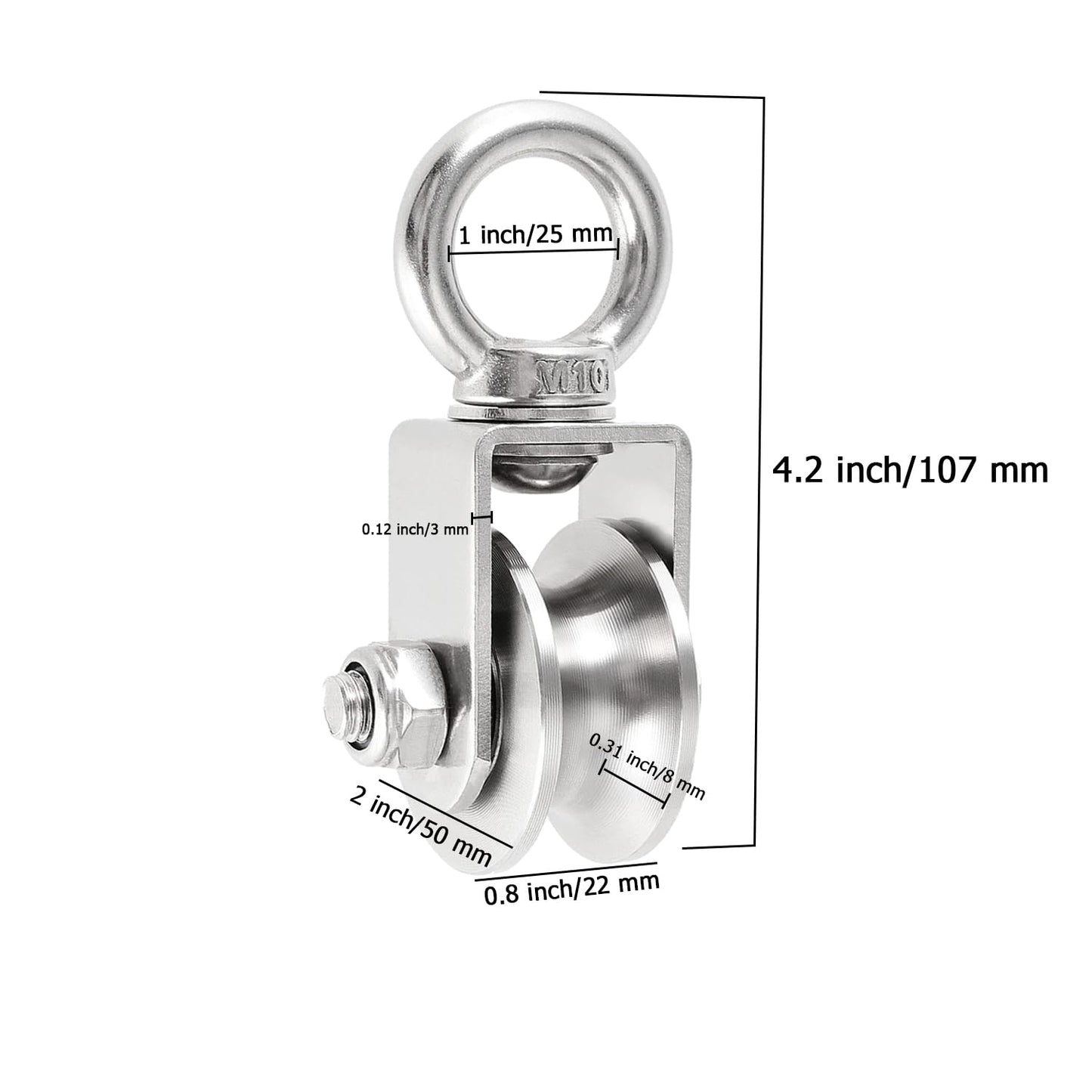 2 Inch U-Type Pulleys for Rope, Stainless Steel M10 Swivel Pulley Block with Bearing, U-Groove Roller Single Pulley Wheel for Pulley System Lifting Gym Equipment Cable Traction Wheels 1 Pack