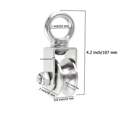 2 Inch U-Type Pulleys for Rope, Stainless Steel M10 Swivel Pulley Block with Bearing, U-Groove Roller Single Pulley Wheel for Pulley System Lifting Gym Equipment Cable Traction Wheels 1 Pack