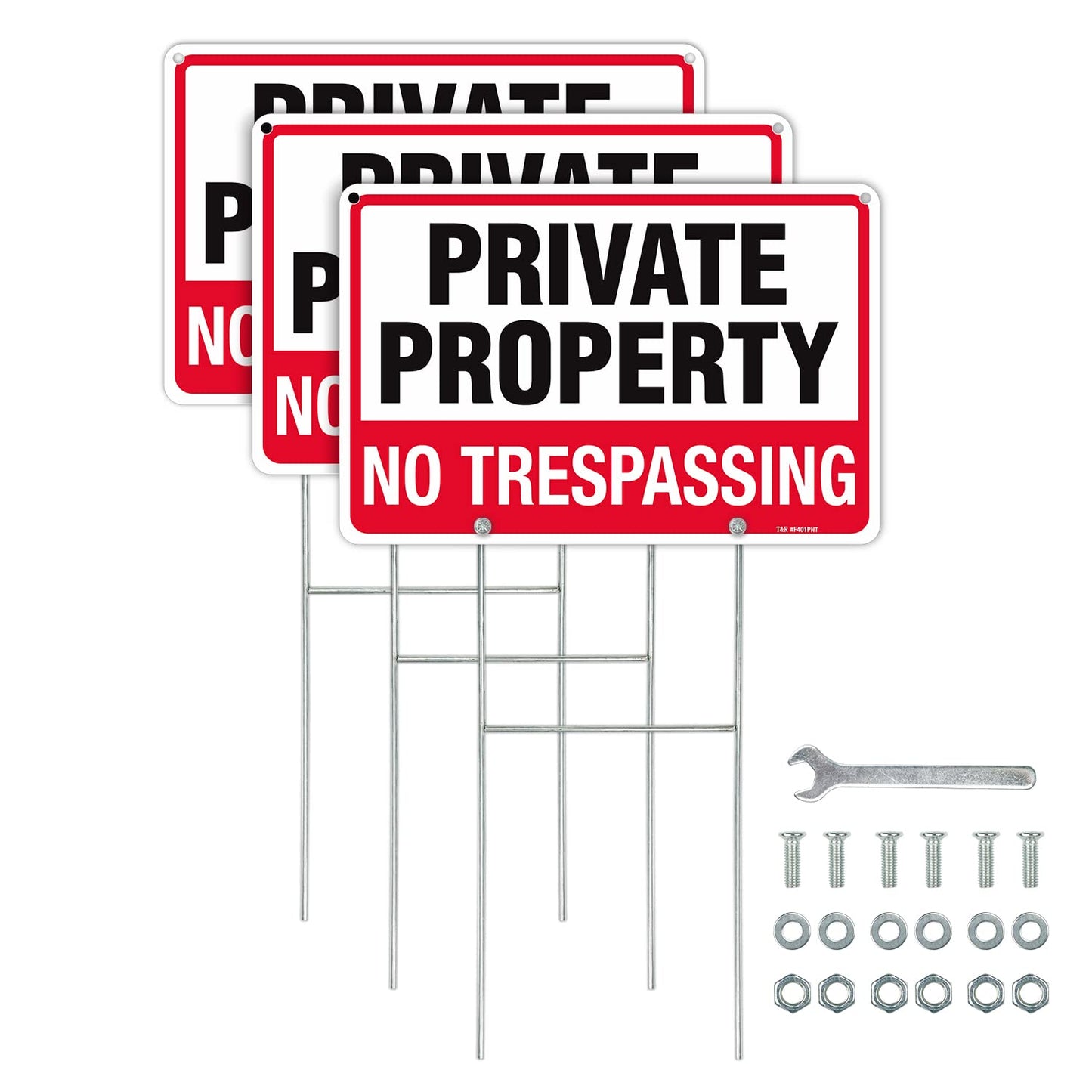 T&R No Trespassing Sign Private Property Sign with H Stake for Outside,3 Pack,12"x8" .040 Rust Free Heavy Aluminum, Waterproof,Includes Matching Screws & Wrench, Easy to Mount