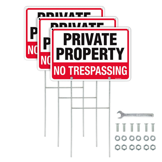 T&R No Trespassing Sign Private Property Sign with H Stake for Outside,3 Pack,12"x8" .040 Rust Free Heavy Aluminum, Waterproof,Includes Matching Screws & Wrench, Easy to Mount