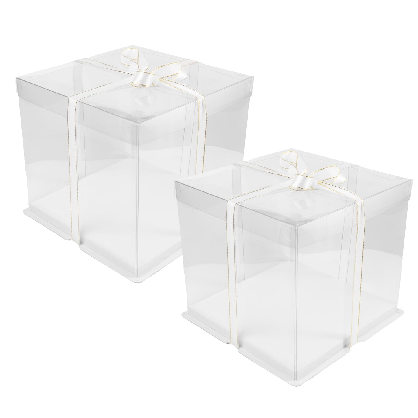 Doppelia 2 Pack Cake/Gift PET Tall Clear Box - 10" X 10" X 9" Carrier With Lid & Ribbon, Transparent Display Container For Birthday, Wedding, Anniversary