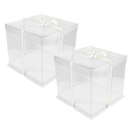 Doppelia 2 Pack Cake/Gift PET Tall Clear Box - 10" X 10" X 9" Carrier With Lid & Ribbon, Transparent Display Container For Birthday, Wedding, Anniversary