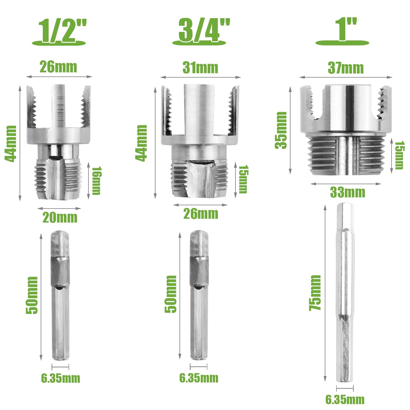 Bestgle 3 Pcs Integrated Internal & External Pipe Threading Tools, Dual Function Pipe Thread Cutting Tool Electric Drill Compatible PVC Plastic Pipe Threader Kit, 1/2" 3/4" 1" Pipe Size Rethreading