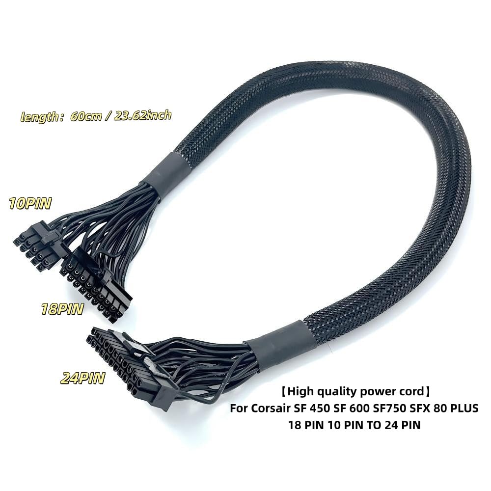 GinTai Power Cable Adapter Sleeved Replacement for Corsair SF 450 SF 600 SF750 SFX 80 Plus 18 PIN 10 PIN to 24 PIN(23.62in) (60cm) Corsair SFX Power Cable, Câble d'alimentation