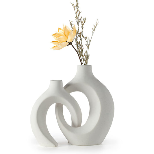 White Hollow Ceramic Vase Set of 2, Unique Round Modern Vase for Nordic Minimalist Style Decor, Donut Boho Aesthetic Vase for Coffee & Kitchen Table, Pampas Grass Living Dining Room Decoration