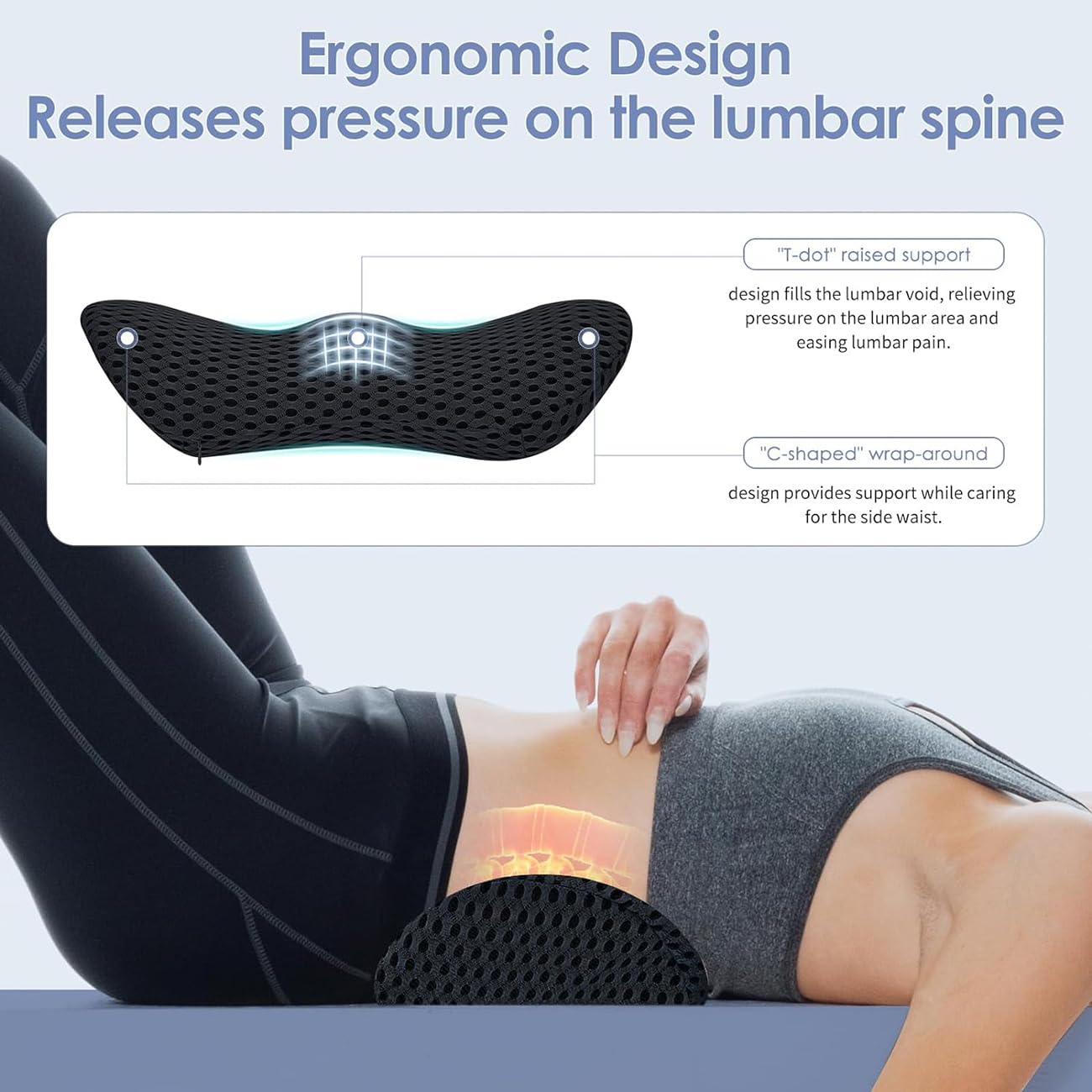 Lumbar Support Pillow for Lower Back Pain Relief – Ergonomic Streamline Memory Foam Cushion for Office Chair, Car Seat, Bed, and Sleeping – Ideal for Drivers and Office Workers (Black)