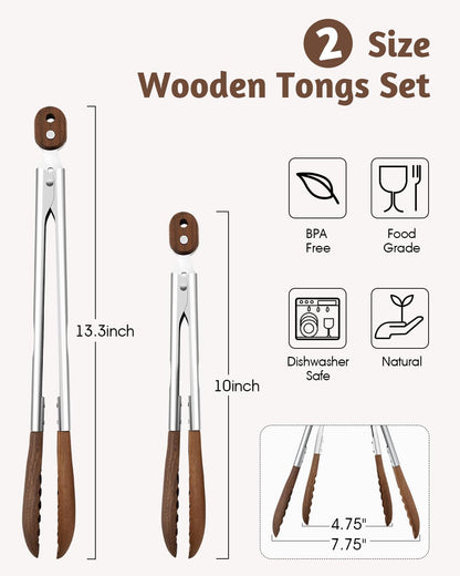 Wooden Tongs for Cooking, 2-Piece 10 & 13 Inch Kitchen Tongs Set with Locking Mechanism, Stainless Steel with Walnut Wood Tips for BBQ, Salad, Serving Utensils — Essential Kitchen & Home Gadget Set