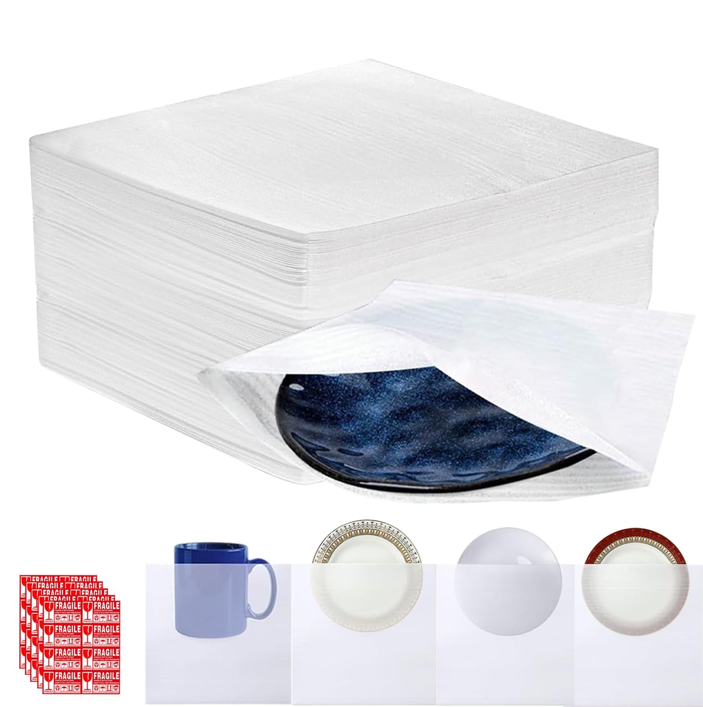 100 Pcs 12x12 inch Packing Foam Pouches Cushion Foam Wrap for Dishes, Cups, Glasses China Plate Mug Shipping Moving Cushioning Supplies Includes Fragile Stickers