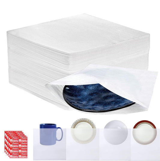 100 Pcs 12x12 inch Packing Foam Pouches Cushion Foam Wrap for Dishes, Cups, Glasses China Plate Mug Shipping Moving Cushioning Supplies Includes Fragile Stickers