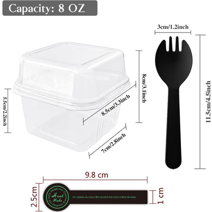 50Pack 8 oz Square Plastic Dessert Cups with Lids and Individually Wrapped Spoons, Clear Disposable Plastic Yogurt Parfait Cups for Cupcake Mousse Yogurt Pudding Mousse Fruits (50Pack)