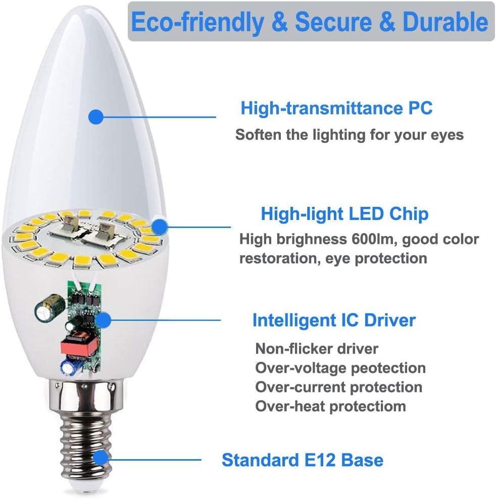 Vinaco E12 LED Bulb, 6 Pack E12 Candelabra Bulb 4 Watt Warm White 3000K, High Brightness 400LM & 25000+ Long Lifespan E12 Bulb, E12 Candelabra Base, E 12 Light Bulb for Ceiling Fan Light Bulb