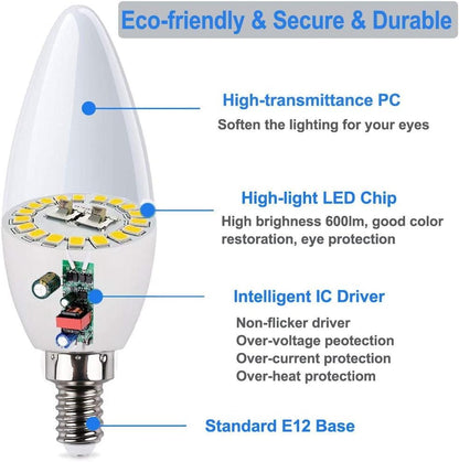 Vinaco E12 LED Bulb, 6 Pack E12 Candelabra Bulb 4 Watt Warm White 3000K, High Brightness 400LM & 25000+ Long Lifespan E12 Bulb, E12 Candelabra Base, E 12 Light Bulb for Ceiling Fan Light Bulb