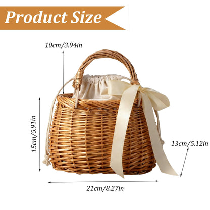 Shoyisenka Picnic Basket, Gift Basket With Handle, Wicker Woven Purse with Drawstring Inner Pouch for Picnics, Home Storage, Wedding Party Decorations and Everyday Use