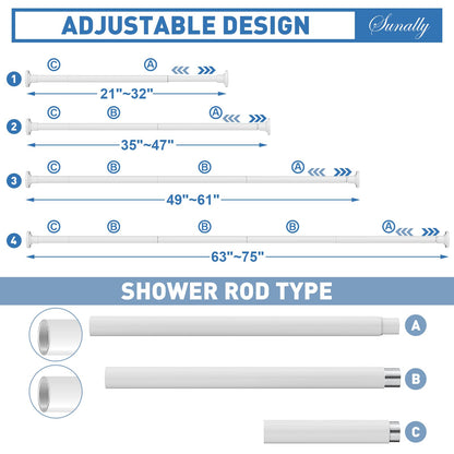 SUNALLY Shower Curtain Rod Adjustable 32-75 Inch, Spring Tension Shower Curtain Rods Stainless Steel Telescoping Curtain Rod for Bathroom or Windows, No Drilling, No Slip, No Rust, White