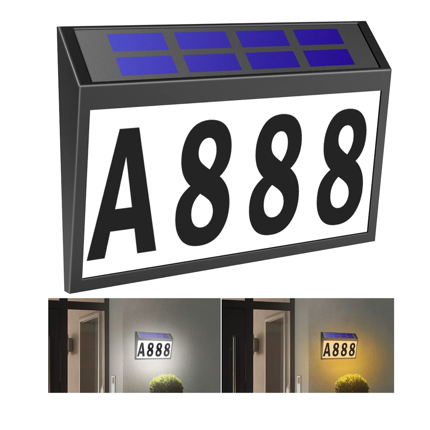 T-SUNUS Solar Address Sign, Dual-Color (3000K Warm & 6000K White) Illuminated House Numbers, Outdoor Waterproof LED Address Plaque with Auto On/Off, Easy Wall Mount for Mailbox Garage Yard