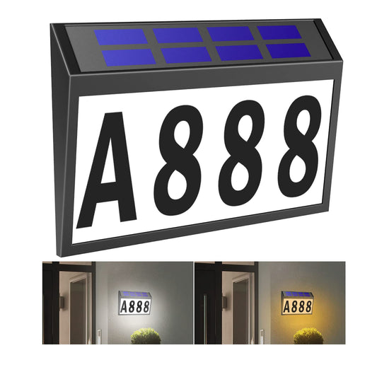 T-SUNUS Solar Address Sign, Dual-Color (3000K Warm & 6000K White) Illuminated House Numbers, Outdoor Waterproof LED Address Plaque with Auto On/Off, Easy Wall Mount for Mailbox Garage Yard