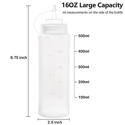 Bekith 12 Pack 16 Oz Plastic Squeeze Condiment Bottles with Twist On Cap Lids and Discrete Measurements, Wide Mouth Empty Squirt Bottle for Sauce, Ketchup, BBQ, Dressing, Paint, Pancake Art Dispenser