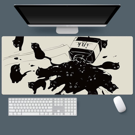 Uniqcasa Gaming Mouse Pad XXL Extended Anime Mouse Pad 31.5x15.7inch, Large Cute Kawaii Big Computer Mouse Mat Desk Pad with Non-Slip Rubber Base and Stitched Edge for Home Office-Black Ink Cat