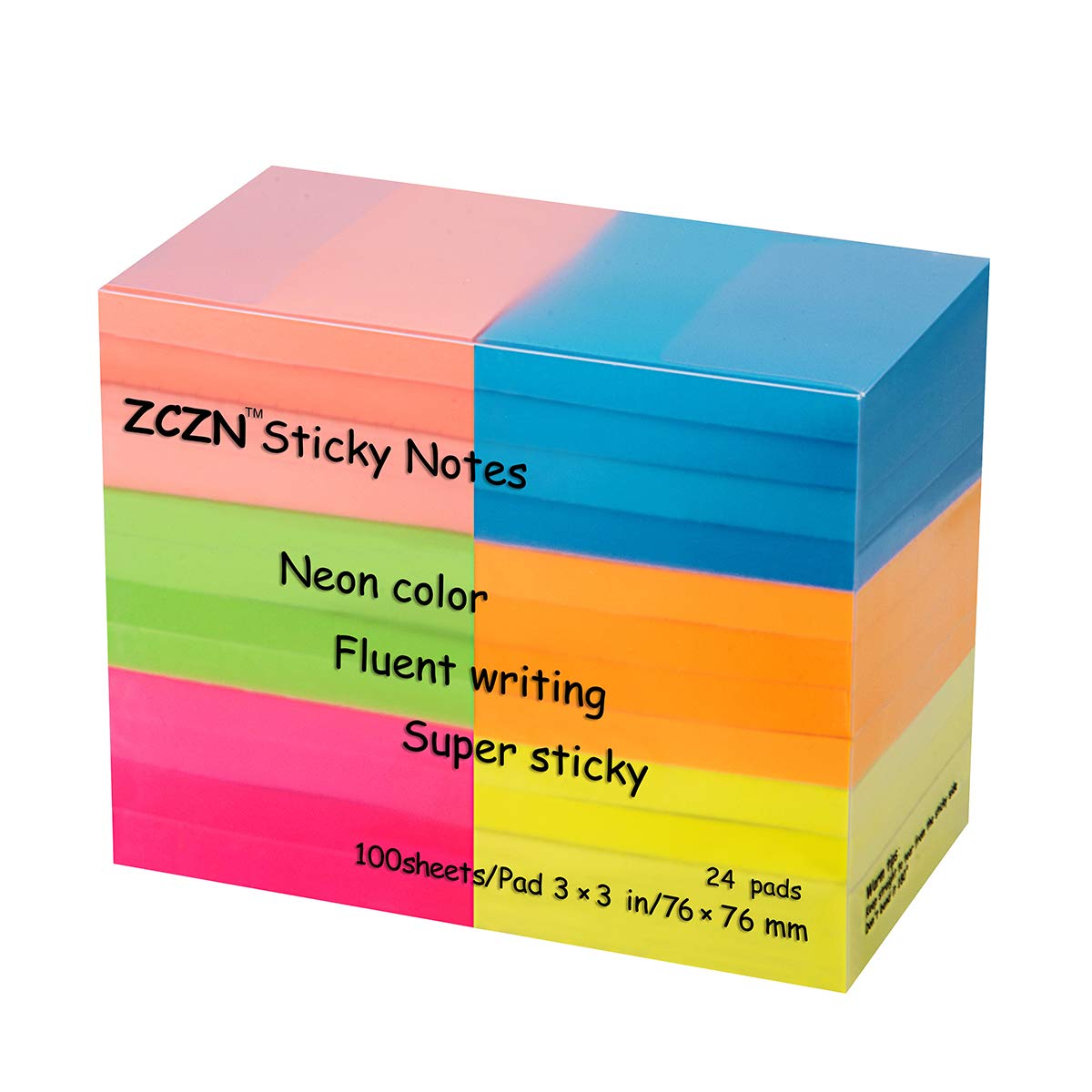 (24 Pack) ZCZN Sticky Notes 3x3 Inches, 2400 Sheets 6 Bright Color Self-Stick Note Pads, Easy to Post for Office, Home, Meeting, School