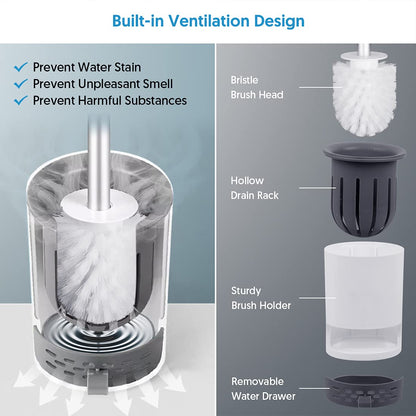 Domi-patrol Toilet Brush and Holder Set 2 Pack, White, Hard Bristle Nylon Toilet Bowl Brushes with Stainless Steel Holder