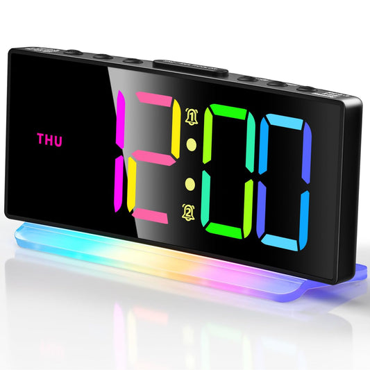 YUNJAYI Kids Alarm Clock for Bedroom, Dynamic RGB LED Digital Clock Large Display with 7 Color Night Lights, Dual Alarm Clocks Bedside, Snooze, 4 Levels Brightness, 3 Volume, 12/24H, Power-Off Memory