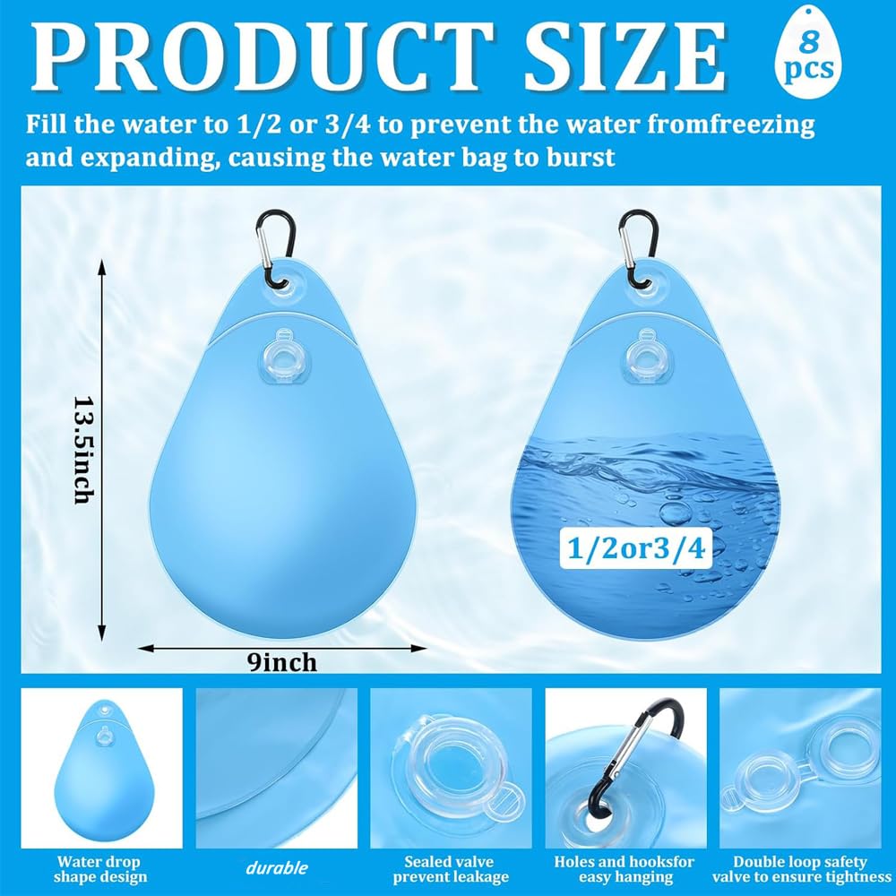 16 Pack Pool Cover Weights with Hooks,Above Ground Pool Cover Weights,Thick PVC Pool Leakproof Water Bags,Pool Cover Hanging Bag,Antifreezing Winter Pool Cover Weights