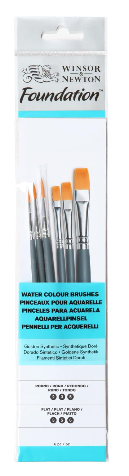 Winsor & Newton Foundation Watercolour Brush Set, Short Handle, Round & Flat, 6 Pack