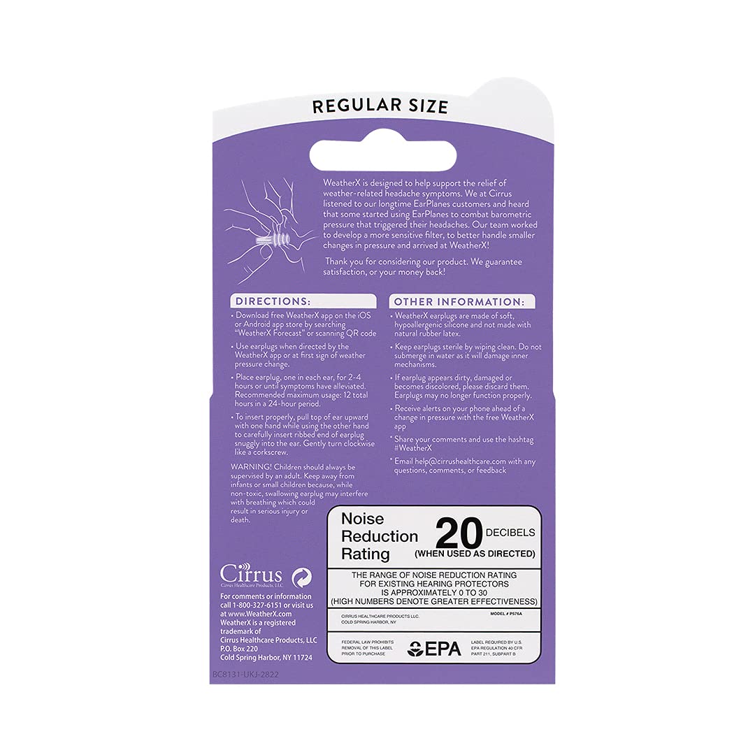 WeatherX Headache Prevention: Pressure Filtering Earplug for Shifts in Barometric Weather Pressure Download Free Alert app (Regular 1 PK)