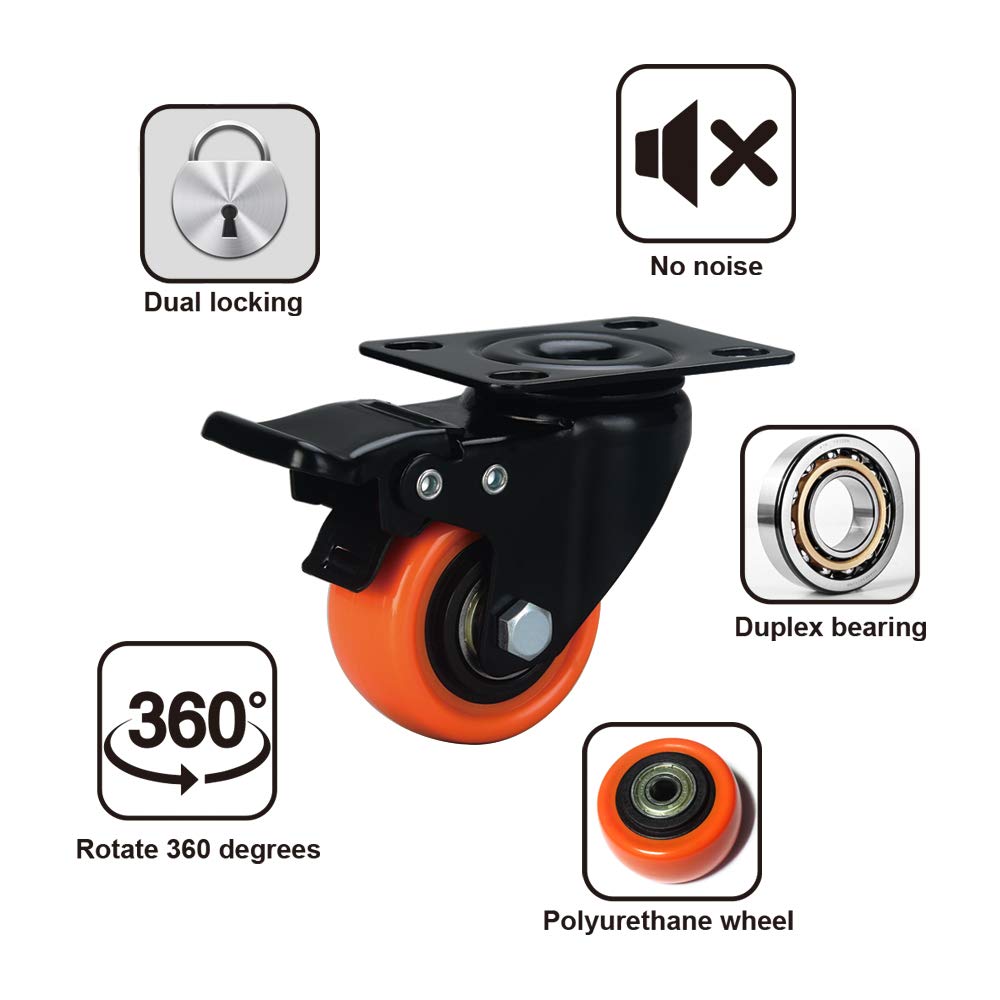 ASRINIEY Caster Wheels, 2 inch Casters Set of 4 Heavy Duty - Castor Wheels with Brake, Top Plate Swivel Orange Polyurethane Wheels, Locking Casters for Furniture and Cart
