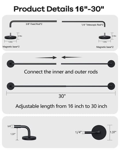 Rodzwin 2 Pack Magnetic Curtain Rod for Metal Door, 16 to 30 Inch Curtain Rods 3/8 Inch Diameter Adjustable Magnetic Curtain Pole Magnet Rods for French Doors Window Metal Doors Cafe(Black, 2Pack)