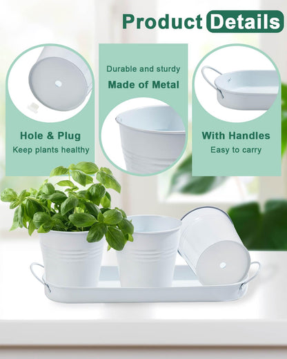 vensovo Indoor Herb Planter Set with Tray - Metal Windowsill Herb Plant Pot with Drainage & Plug for Garden Planter Outdoor, White