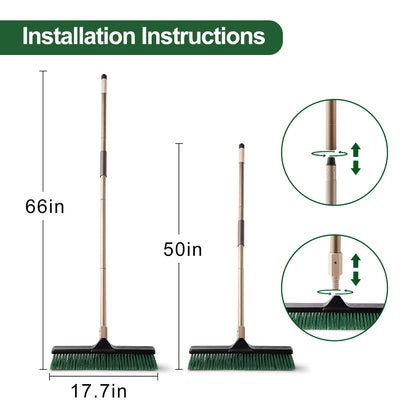 Eyliden 18" Wide Push Broom with 66" Long Handle, Heavy-Duty Professional Outdoor Indoor Brooms with Stiff Bristles, Garage Broom for Sidewalk Driveway Yard Patio Decks Bathroom Cleaning