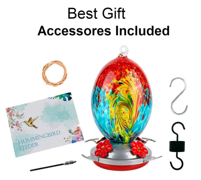 REZIPO Glass Hummingbird Feeder for Outdoors Hand Blown Glass 30 Ounces Colorful Patio Garden Hummingbird Feeder with Hooks, Brush and Service Card (Green)