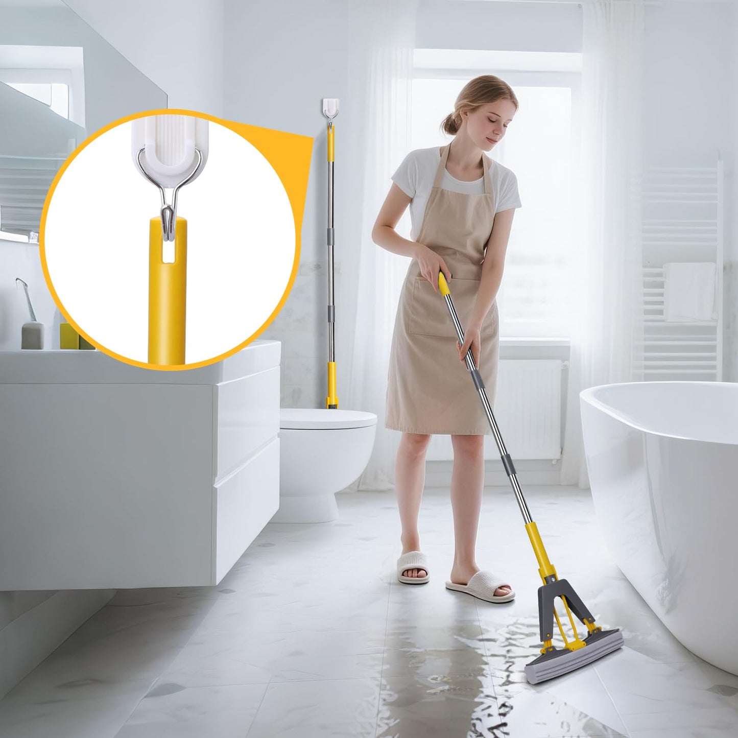 Sponge Mops, Self Wringing Mop with 3pcs Absorbent Sponge Head, Hand Wash Free Mop with 50" Long Handle, for Hardwood Laminate Tile Marble Floor Cleaning