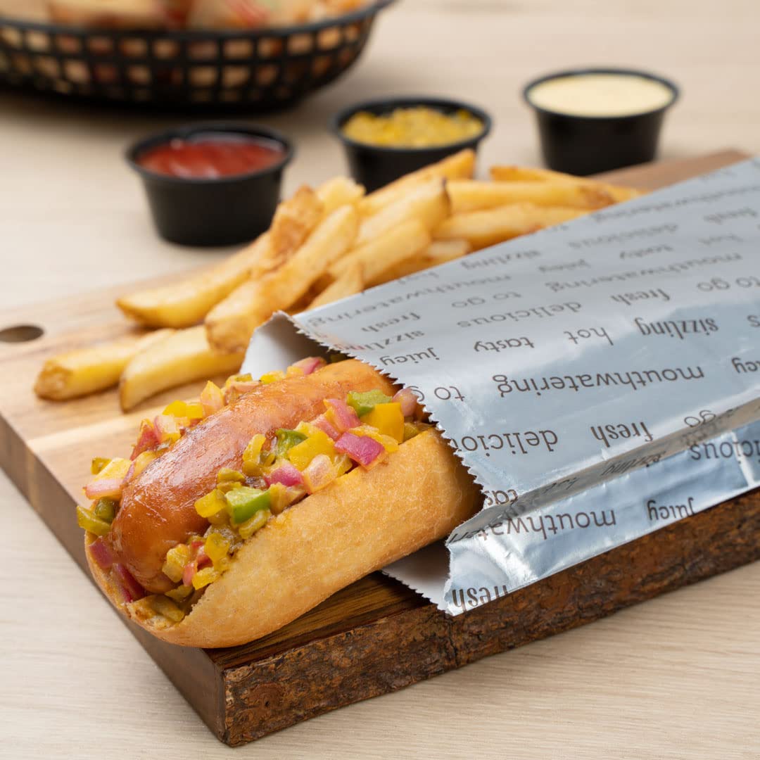 Restaurantware-Bag Tek 3.7 x 1.2 x 12 Inch Hot Dog Bags, 100 Large Hot Dog Wrappers - Greaseproof, Freezer-Safe, Printed Foil Accessories, Heat-Resistant, Non-Vented