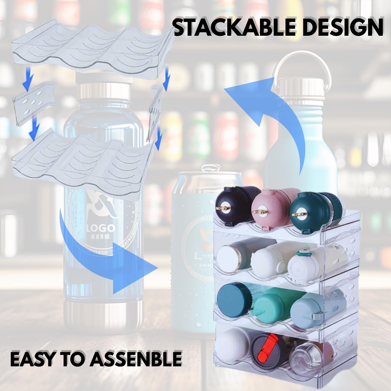 Water Bottle Organizer for Fridge –Versatile Stackable Water Bottle Holder & Storage Rack for Pantry, Cabinet, Counter or Water Bottle Organizer for Kitchen & RV Includes Two Cleaning Towels