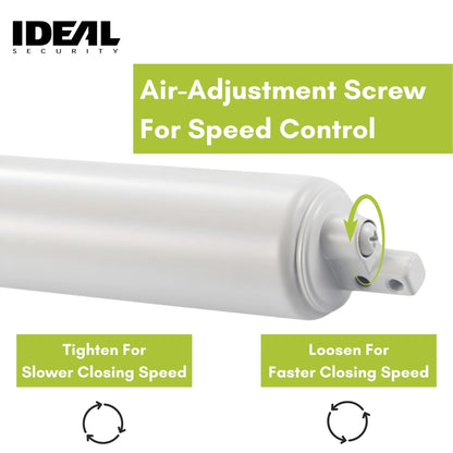 Ideal Security Model 1730 Heavy Duty Pneumatic Screen and Storm Door Closer Replacement, 10.5" L x 1.5" W x 1.5" H, Adjustable Speed, Smooth Closing for Heavy Doors, Easy Install, White