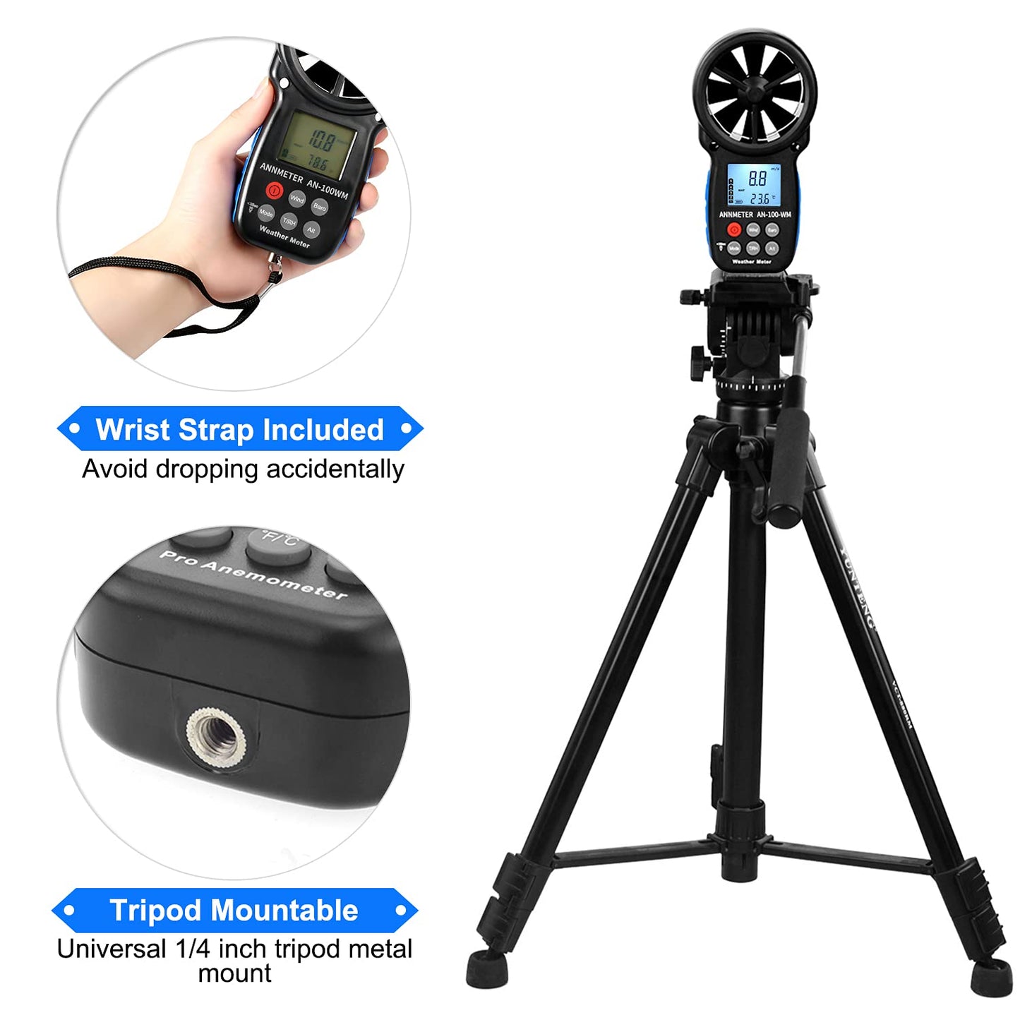 AIOMEST Handheld Wind Speed Chill Temperature Meter Tester, Digital Anemometer for Air Flow, Velocity, Air Pressure, Humidity Altimeter Gauge, AI-100WM
