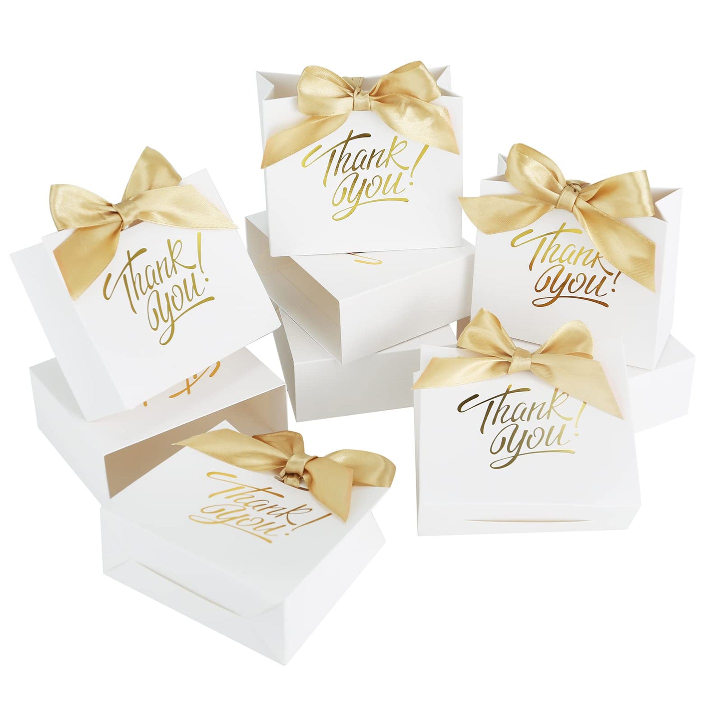 KPOSIYA Small Gift Bags, 50 Pack Small Thank You Bags 4.5x1.8x3.9 Inches Party Favor Bag White Paper Candy Boxes with Bow Ribbon,Mini Gift Box for Wedding Baby Shower Birthday Bridal Business Party